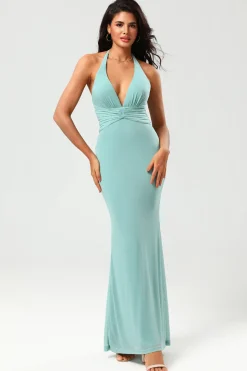 Mermaid Halter Green Long Bridesmaid Dress with V-neck