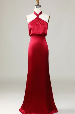 Mermaid Halter Sleeveless Burgundy Satin Bridesmaid Dress