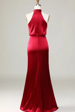Mermaid Halter Sleeveless Burgundy Satin Bridesmaid Dress