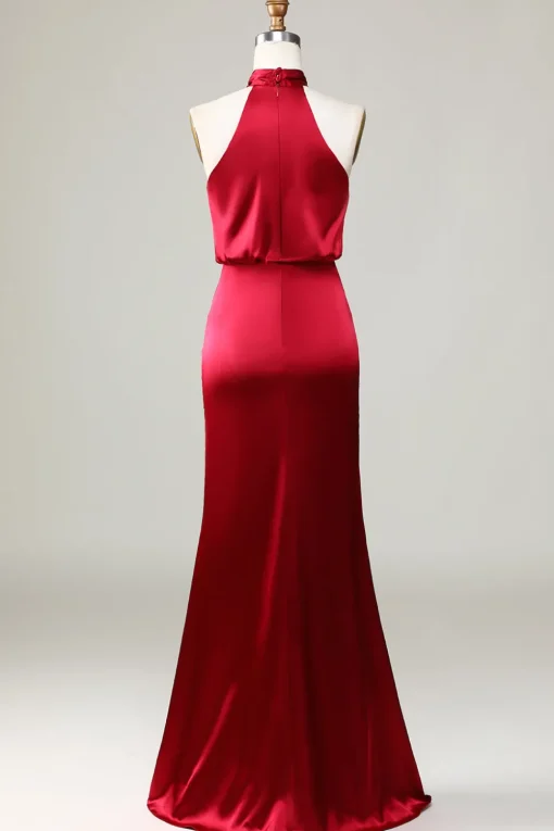 Mermaid Halter Sleeveless Burgundy Satin Bridesmaid Dress