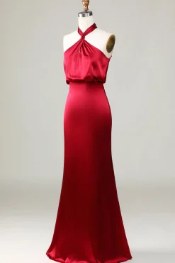 Mermaid Halter Sleeveless Burgundy Satin Bridesmaid Dress