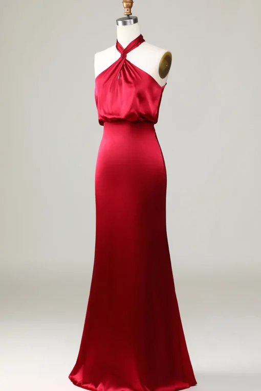 Mermaid Halter Sleeveless Burgundy Satin Bridesmaid Dress