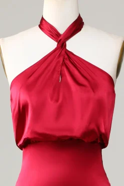 Mermaid Halter Sleeveless Burgundy Satin Bridesmaid Dress