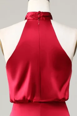 Mermaid Halter Sleeveless Burgundy Satin Bridesmaid Dress
