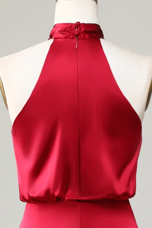 Mermaid Halter Sleeveless Burgundy Satin Bridesmaid Dress