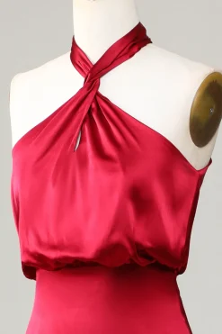 Mermaid Halter Sleeveless Burgundy Satin Bridesmaid Dress