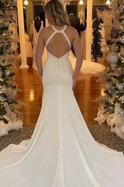 Mermaid Halter White Long Simple Wedding Dress with Button