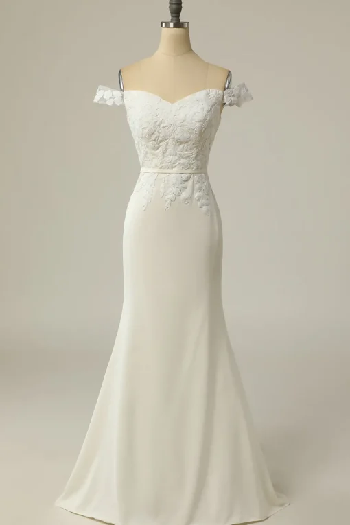 Mermaid Off the Shoulder White Wedding Dress with Appliques