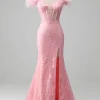 Mermaid Off the Shoulder Sparkly Pink Feathers Corset Prom Dress With Slit