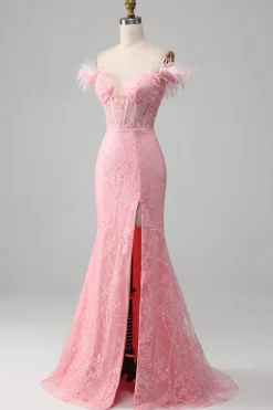 Mermaid Off the Shoulder Sparkly Pink Feathers Corset Prom Dress With Slit
