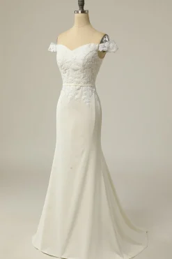 Mermaid Off the Shoulder White Wedding Dress with Appliques