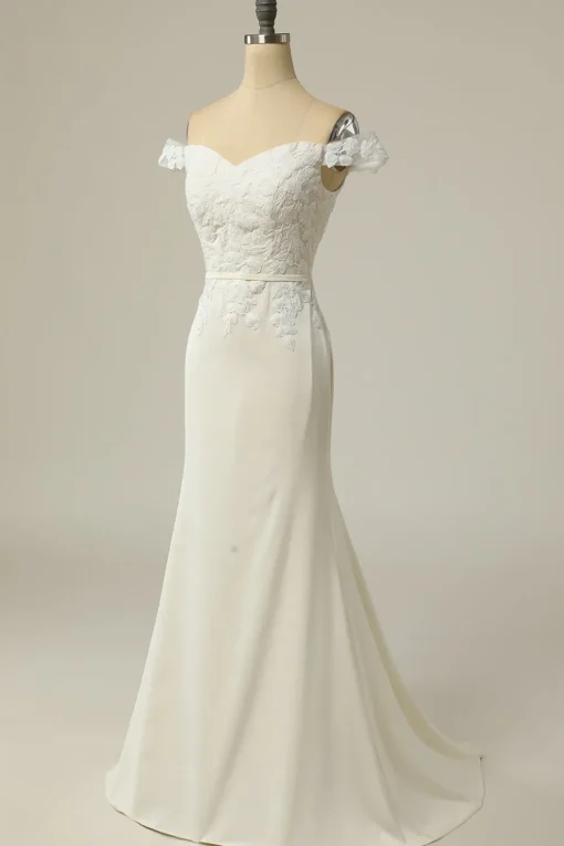 Mermaid Off the Shoulder White Wedding Dress with Appliques