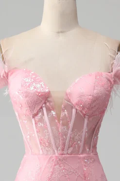Mermaid Off the Shoulder Sparkly Pink Feathers Corset Prom Dress With Slit