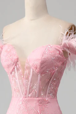 Mermaid Off the Shoulder Sparkly Pink Feathers Corset Prom Dress With Slit