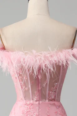 Mermaid Off the Shoulder Sparkly Pink Feathers Corset Prom Dress With Slit