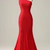 Mermaid One Shoulder Red Long Prom Dress with Beading