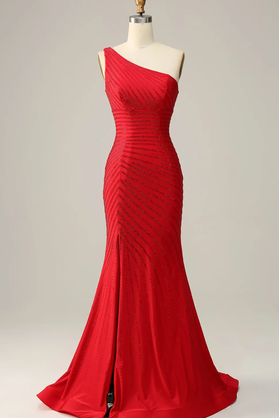 Mermaid One Shoulder Red Long Prom Dress with Beading