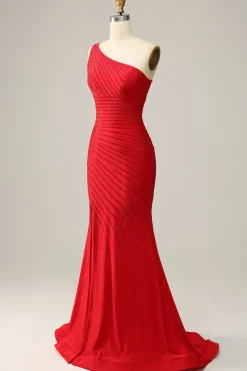 Mermaid One Shoulder Red Long Prom Dress with Beading