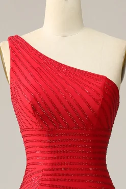 Mermaid One Shoulder Red Long Prom Dress with Beading