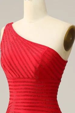 Mermaid One Shoulder Red Long Prom Dress with Beading