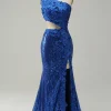 Mermaid One Shoulder Royal Blue Sequins Cut Out Prom Dress with Split Front