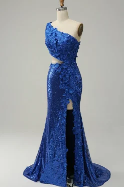 Mermaid One Shoulder Royal Blue Sequins Cut Out Prom Dress with Split Front