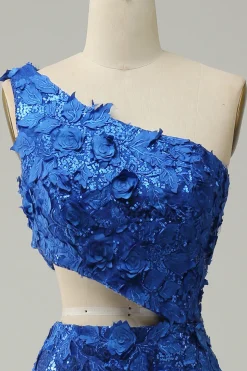 Mermaid One Shoulder Royal Blue Sequins Cut Out Prom Dress with Split Front