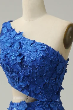 Mermaid One Shoulder Royal Blue Sequins Cut Out Prom Dress with Split Front