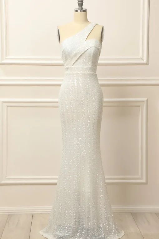 Mermaid One Shoulder White Sequins Long Prom Dress