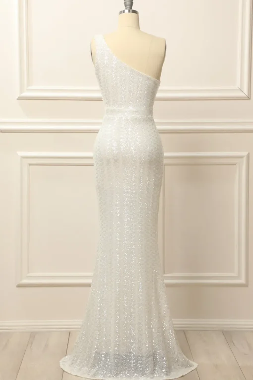 Mermaid One Shoulder White Sequins Long Prom Dress