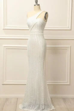 Mermaid One Shoulder White Sequins Long Prom Dress