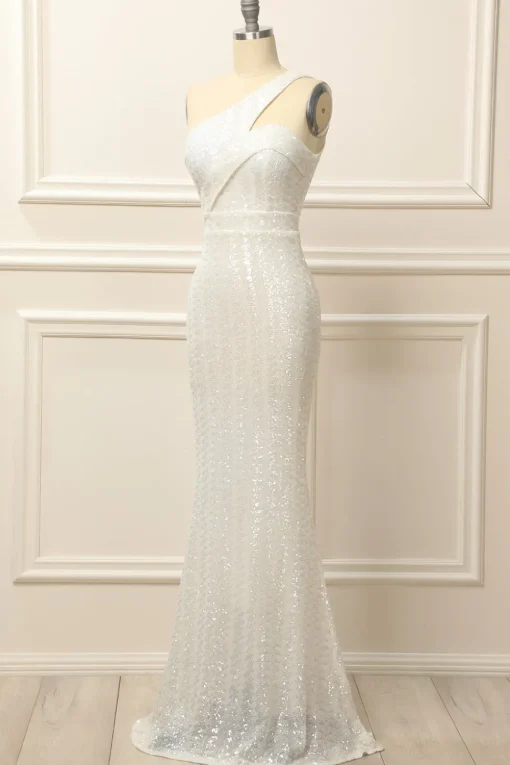 Mermaid One Shoulder White Sequins Long Prom Dress