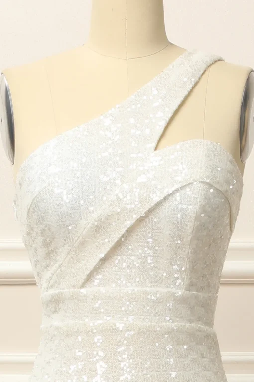 Mermaid One Shoulder White Sequins Long Prom Dress