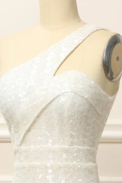 Mermaid One Shoulder White Sequins Long Prom Dress