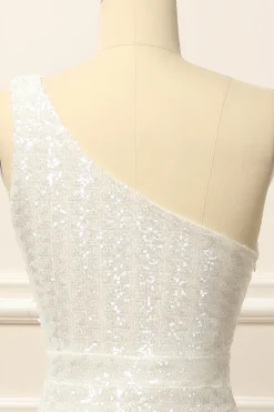 Mermaid One Shoulder White Sequins Long Prom Dress