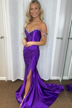 Mermaid Purple Off the Shoulder Prom Dress with Slit