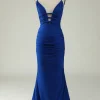 Mermaid Spaghetti Straps Royal Blue Plus Size Prom Dress with Criss Cross Back
