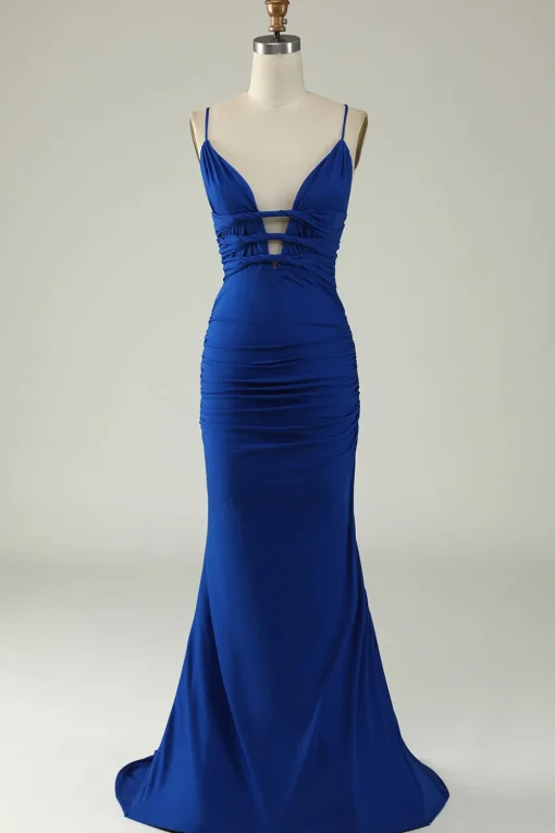Mermaid Spaghetti Straps Royal Blue Plus Size Prom Dress with Criss Cross Back