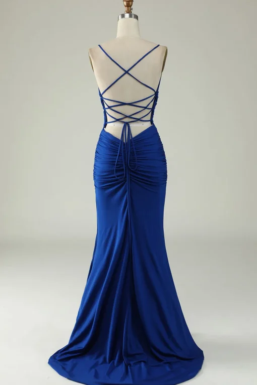Mermaid Spaghetti Straps Royal Blue Plus Size Prom Dress with Criss Cross Back