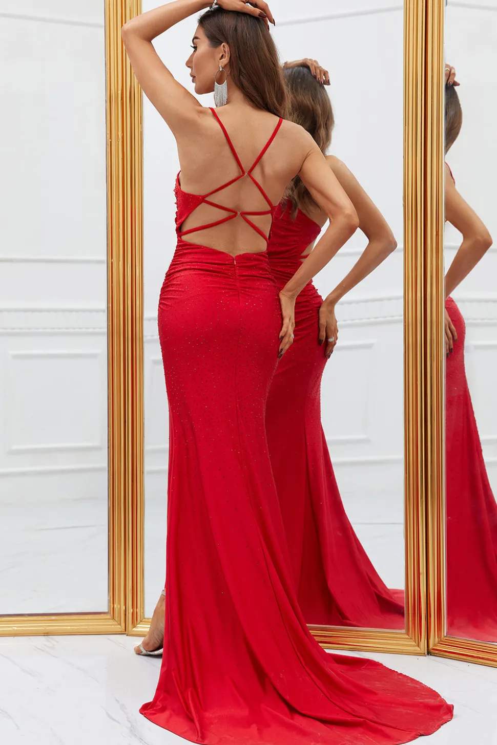 Mermaid Spaghetti Straps Red Long Prom Dress with Criss Cross Back