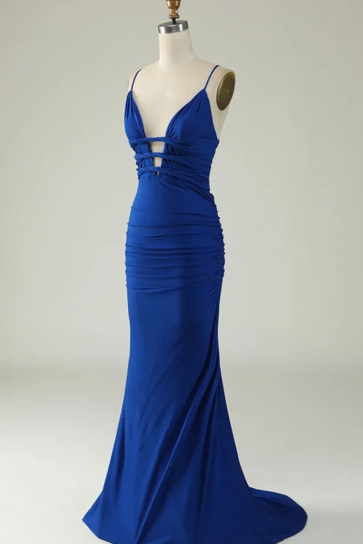 Mermaid Spaghetti Straps Royal Blue Plus Size Prom Dress with Criss Cross Back