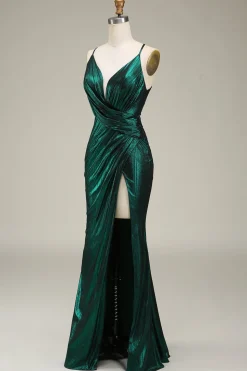 Mermaid Spaghetti Straps Dark Green Long Prom Dress with Open Back