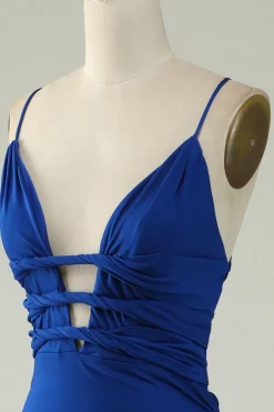 Mermaid Spaghetti Straps Royal Blue Plus Size Prom Dress with Criss Cross Back