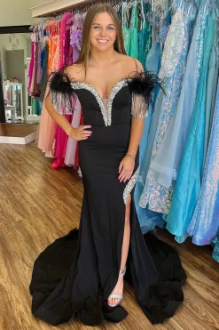 Mermaid Sparkly Beaded Off the Shoulder Black Prom Dress with Slit