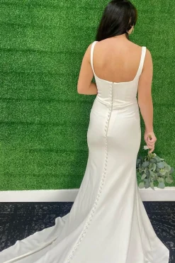Mermaid Square Neck White Simple Long Wedding Dress with Button