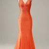Mermaid V Neck Orange Long Prom Dress with Beading