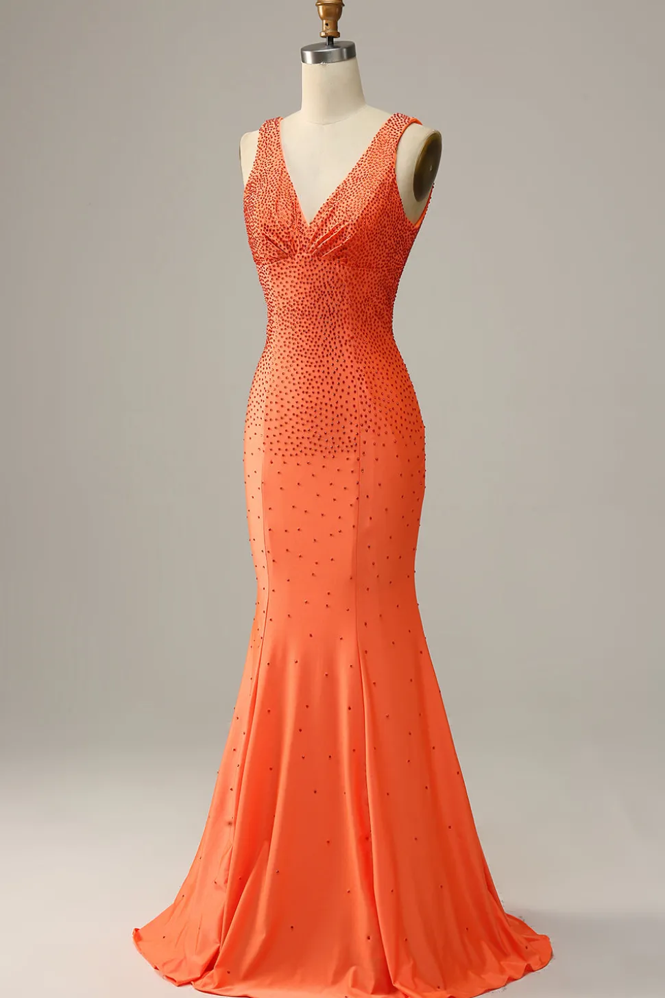 Mermaid V Neck Orange Long Prom Dress with Beading