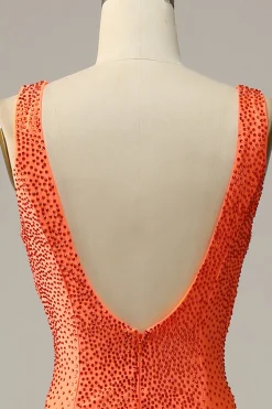 Mermaid V Neck Orange Long Prom Dress with Beading