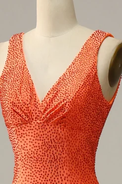 Mermaid V Neck Orange Long Prom Dress with Beading