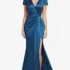 Mermaid V-Neck Blue Ruched Sleeves Full Length Mother Dress with Slit